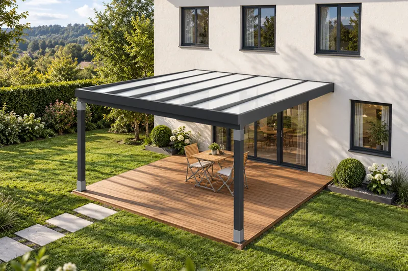 ALUXIL Cantiline 135, 5,0 × 5,0 m, Polycarbonat, zwei Pfosten vorn