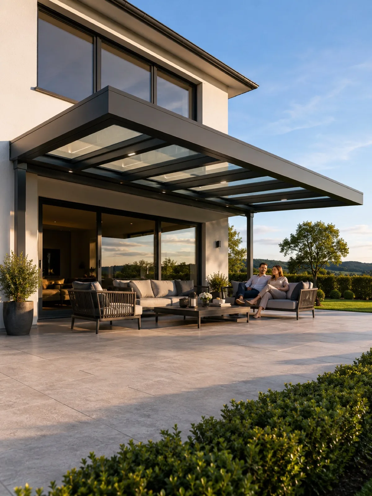 ALUXIL Cantiline — Premium-Terrassendach im Abendlicht