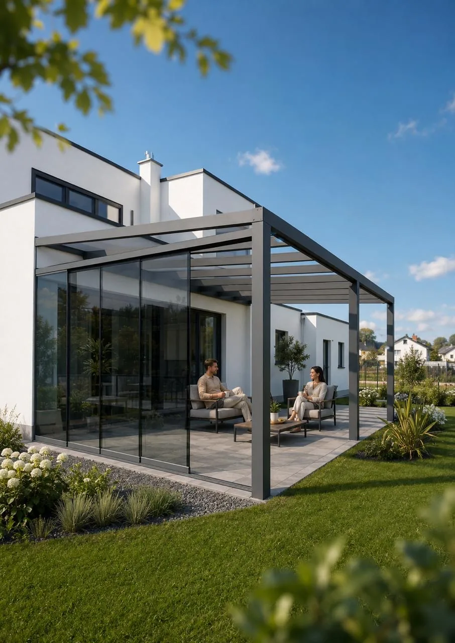 ALUXIL Skyline — wandmontiertes Terrassendach mit Glas-Schiebewänden